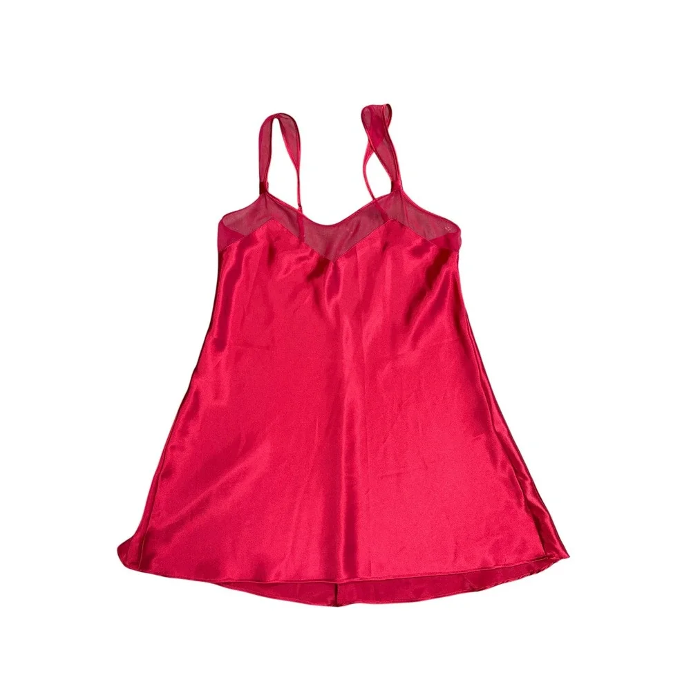 Private Luxuries Red Satin Chemise Nightgown Mesh Trim V-Neck Sleepwear XL